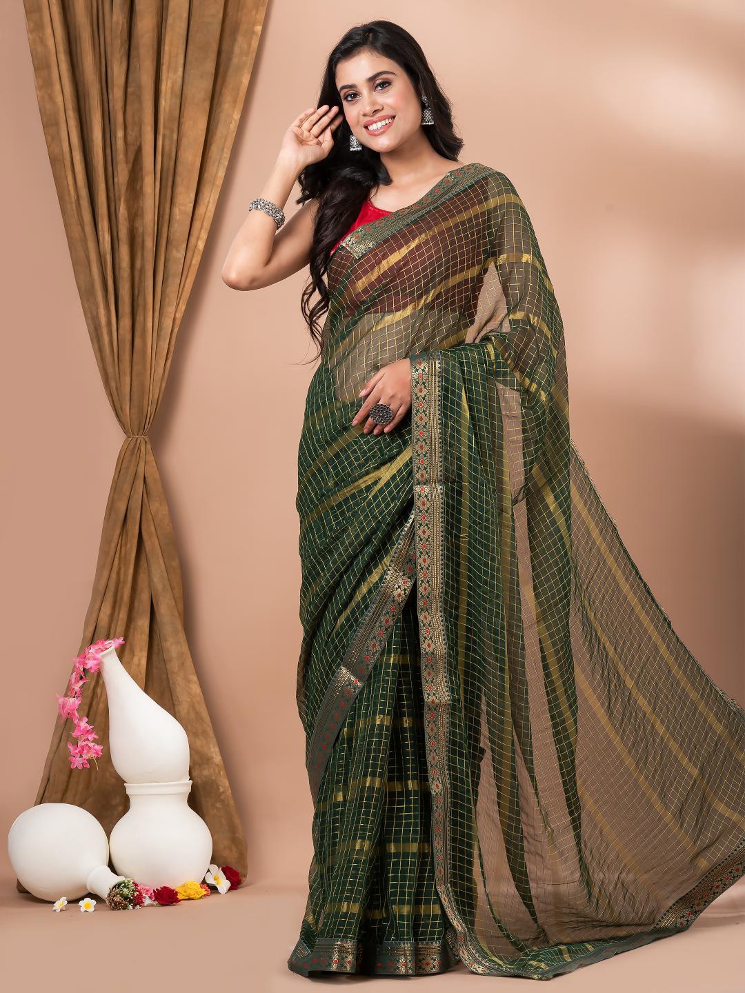 

MAHALASA Olive Green and GoldToned Cotton Checked Embellished Saree