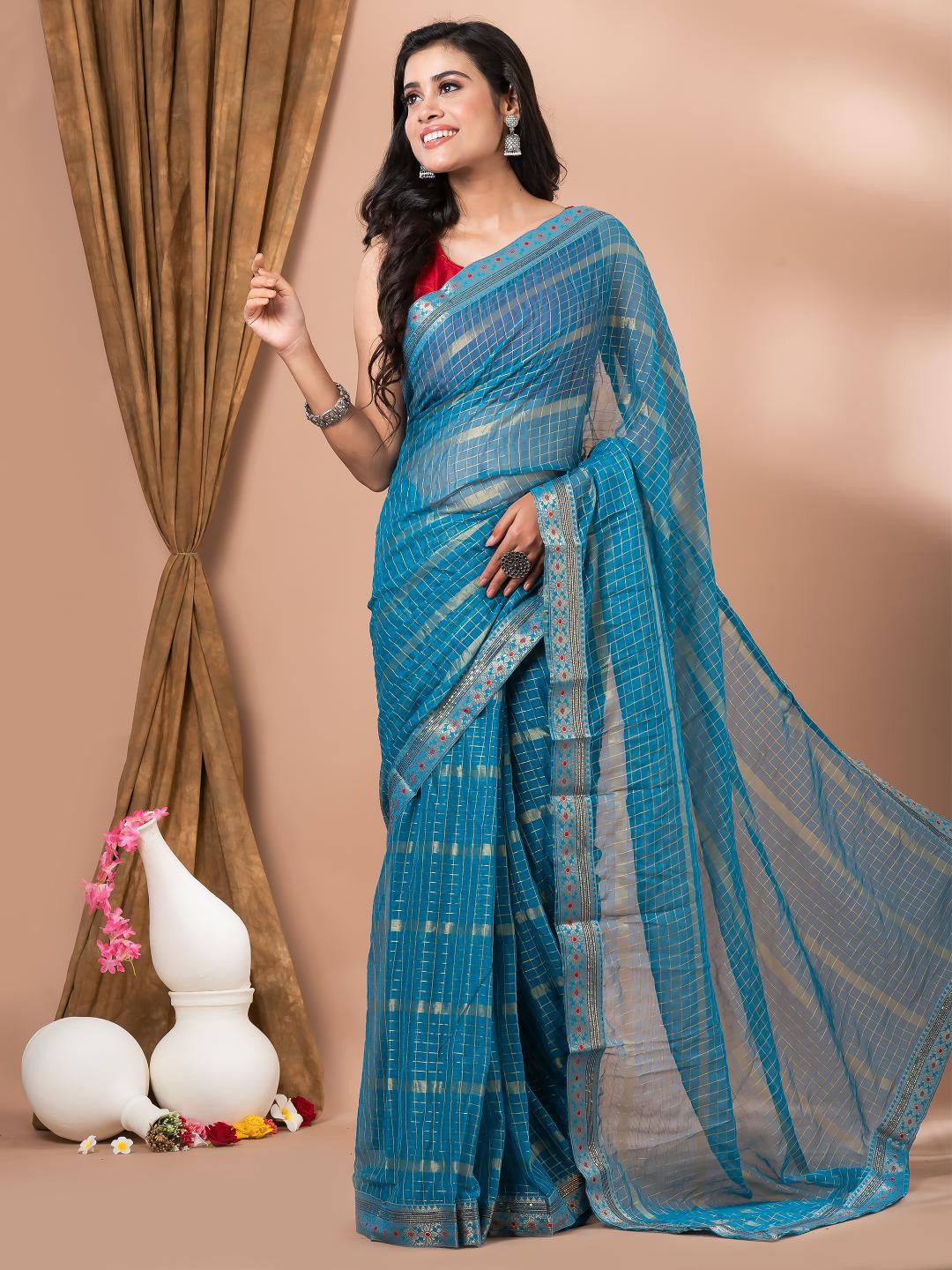 MAHALASA Turquoise Blue and GoldToned Checked Embellished Saree