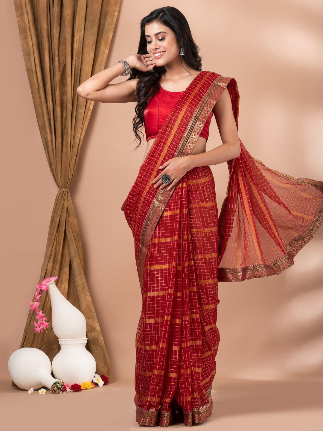 

MAHALASA Maroon and GoldToned Cotton Checked Embellished Saree