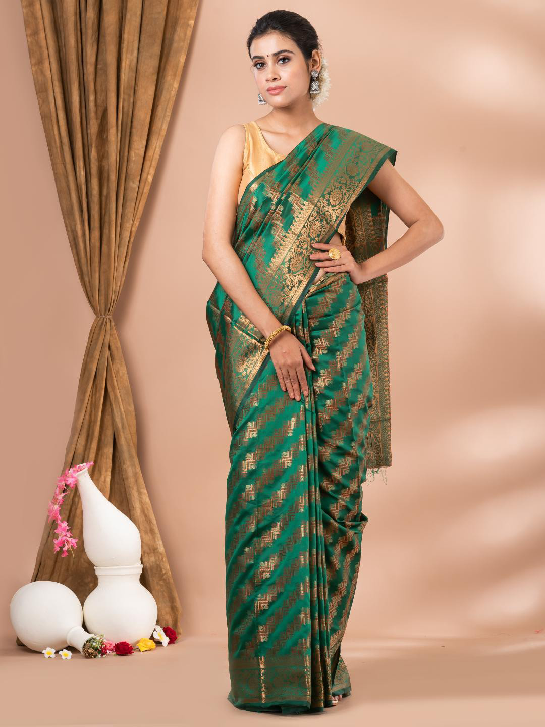 

MAHALASA Green and CopperToned Ethnic Woven Design Silk Cotton Saree