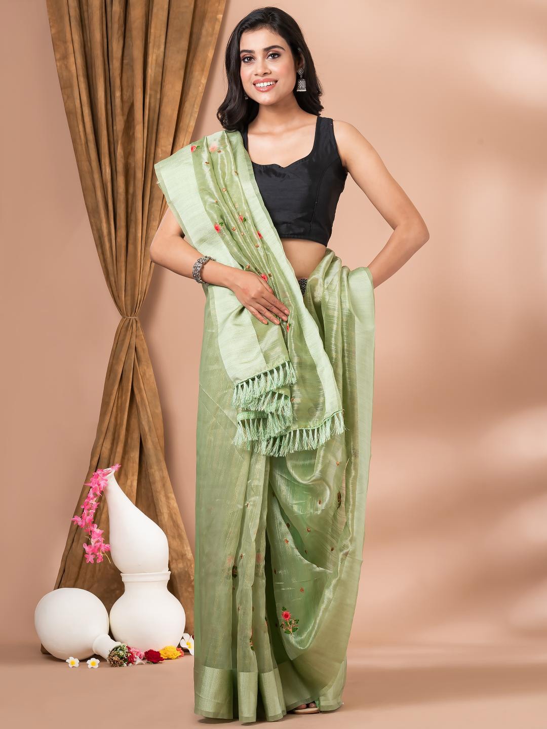 

MAHALASA Lime Green and Red Floral Embroidered Silk Saree