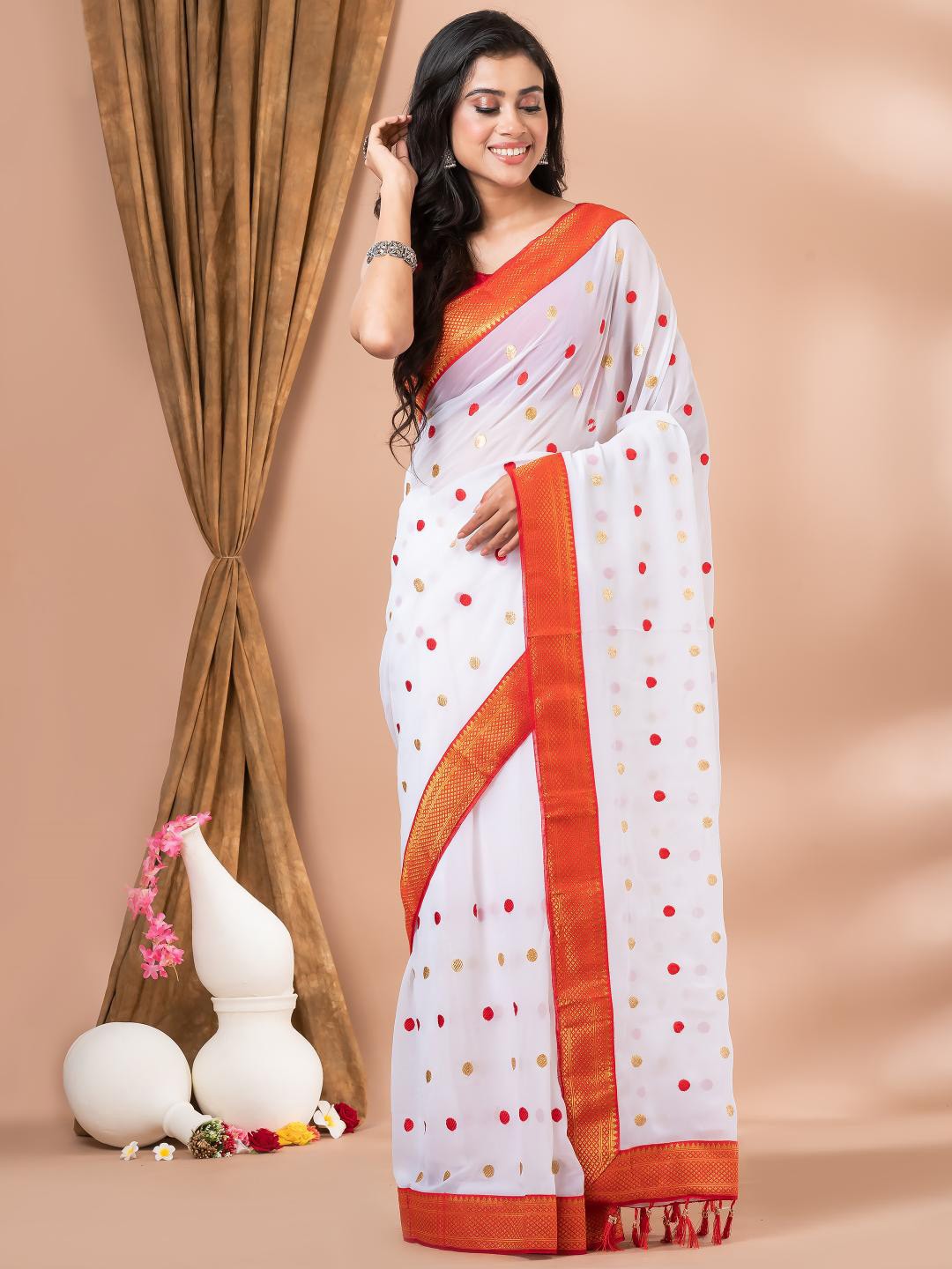 

MAHALASA Red and White Embroidered Silk Saree