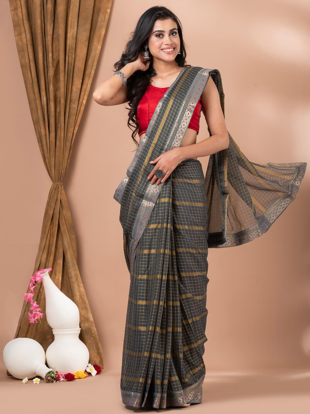 

MAHALASA Checked Embellished Woven Design Zari Saree, Grey