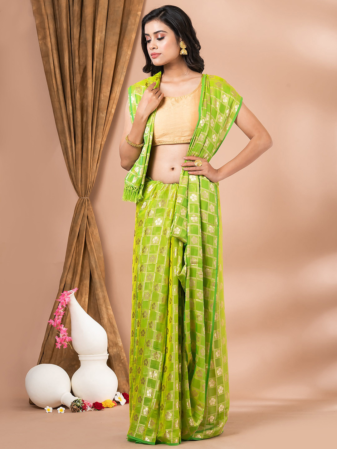 

MAHALASA Floral Woven Design Art Silk Saree, Green