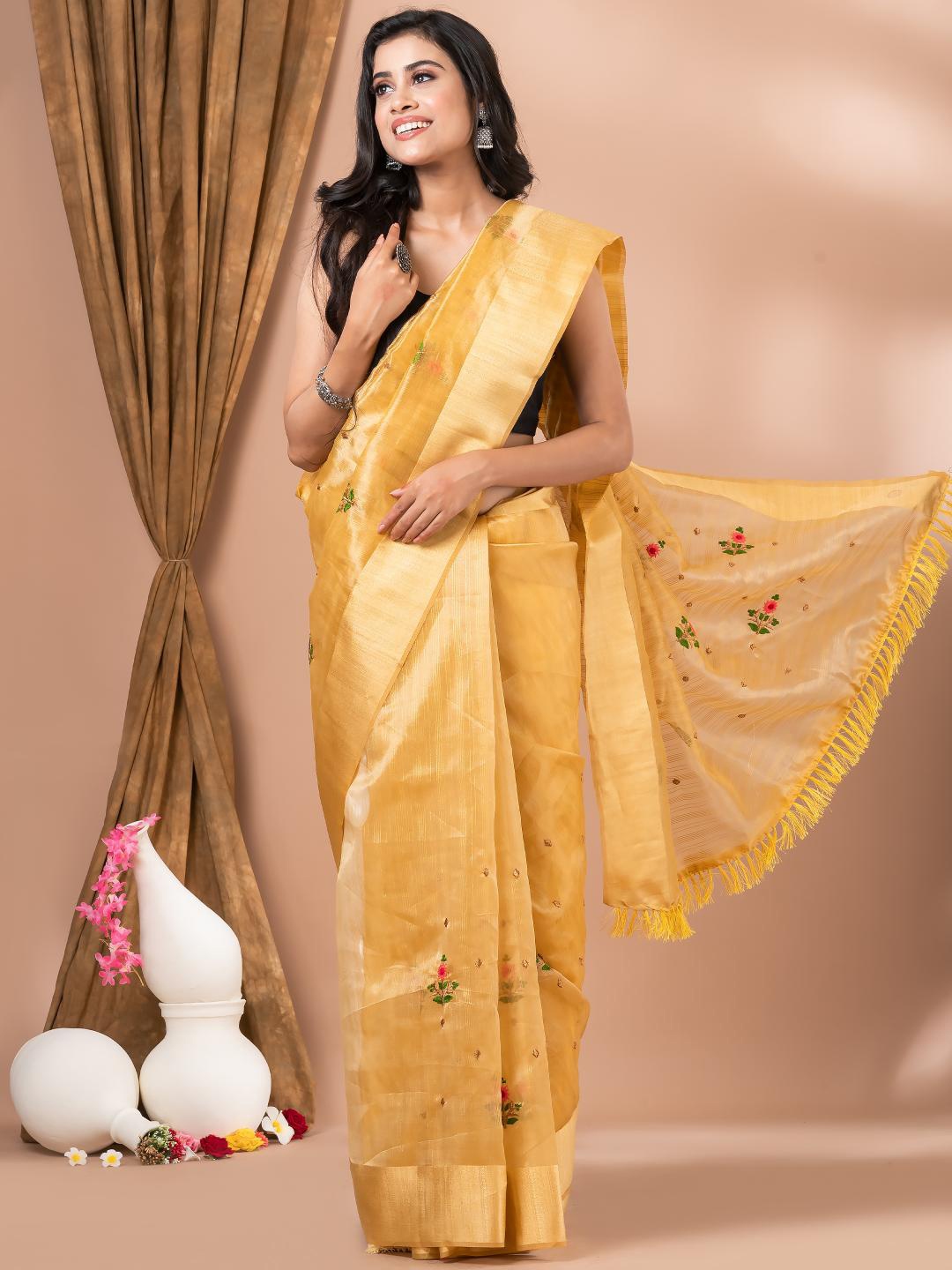 

MAHALASA Floral Embroidered Saree, Gold