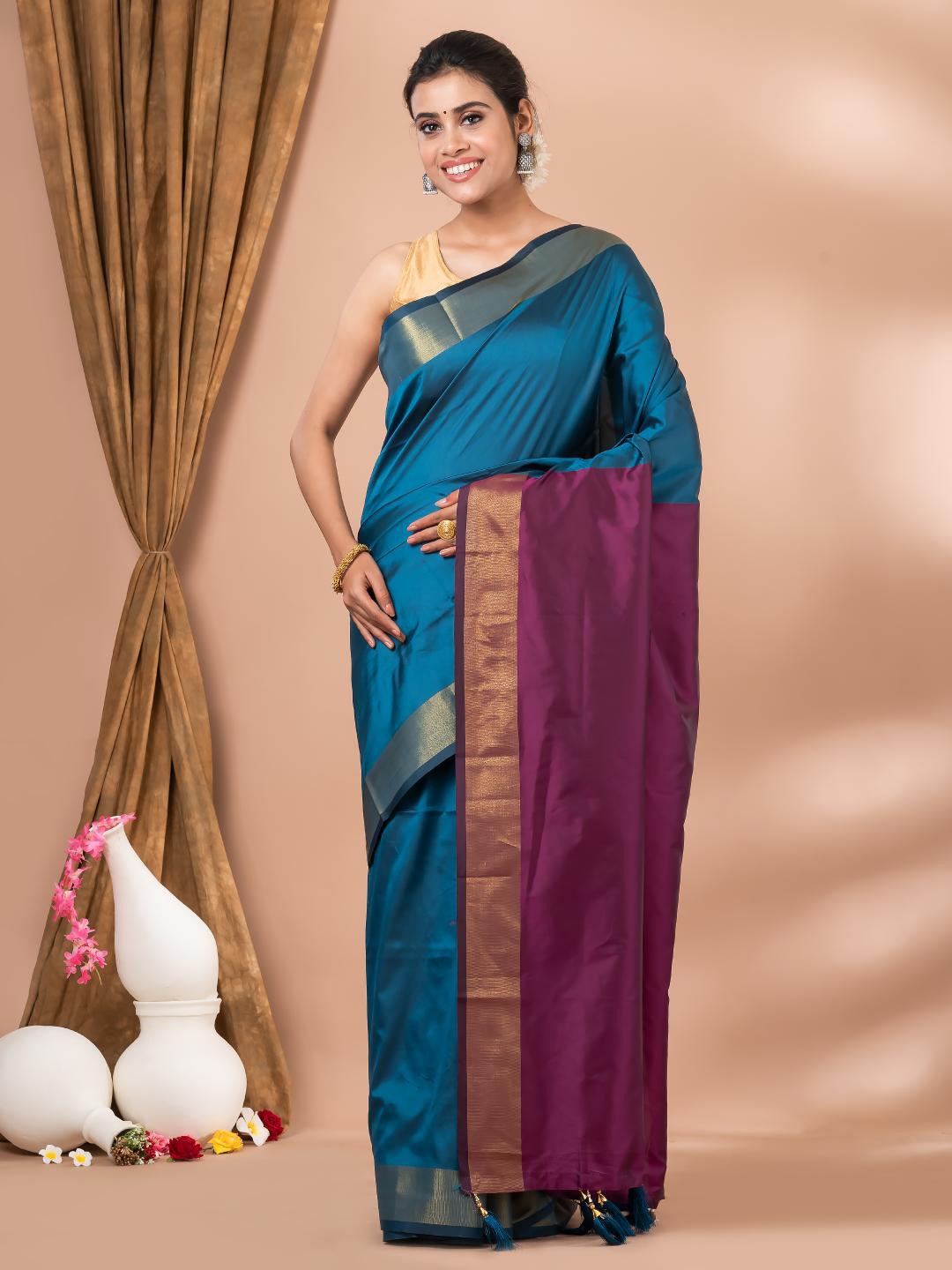 MAHALASA Teal and GoldToned Silk Cotton Saree