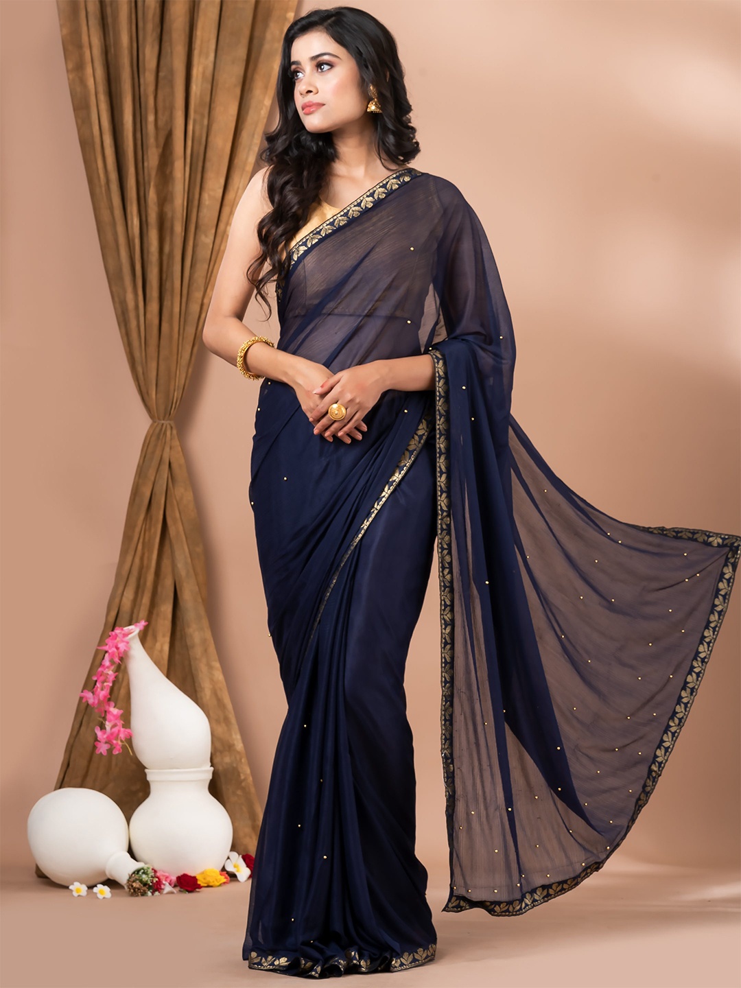 MAHALASA Embroidered Woven Design Zari Art Silk Saree, Navy blue