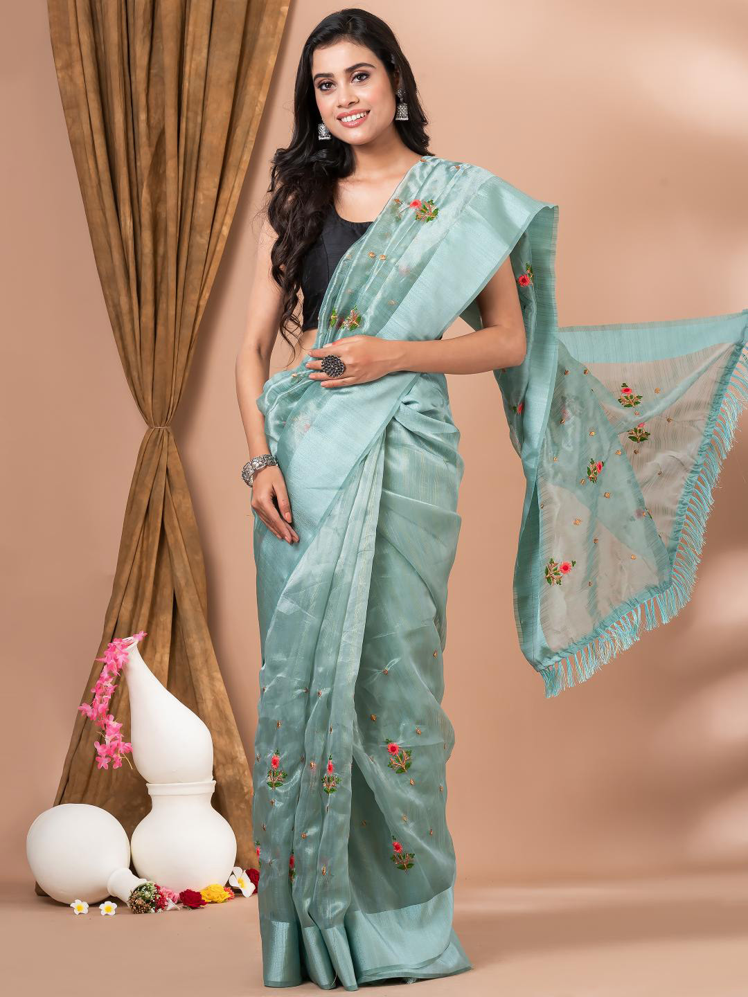 

MAHALASA Sea Green and Red Floral Embroidered Silk Saree