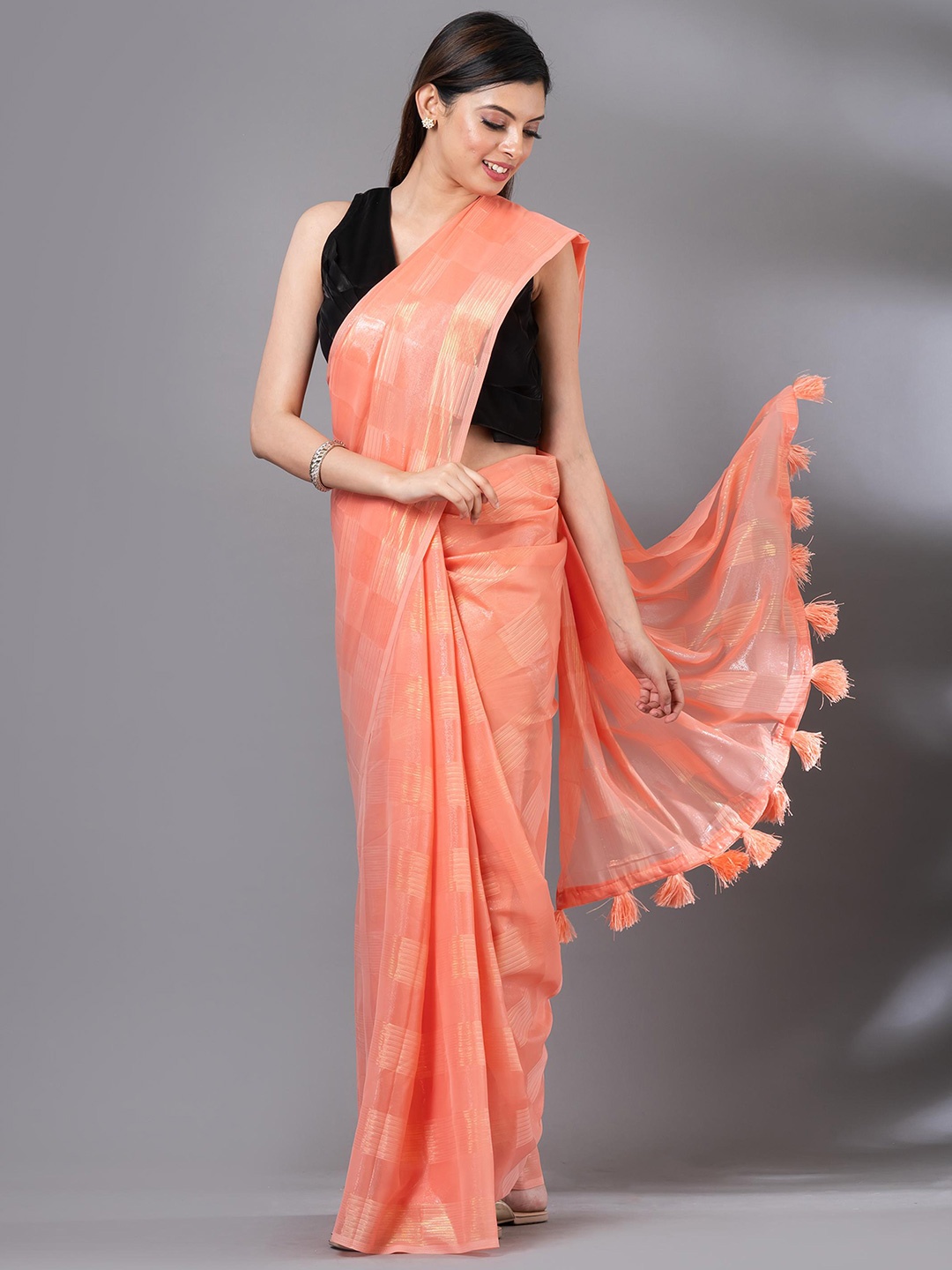 

MAHALASA Checked Striped Organza Saree, Orange
