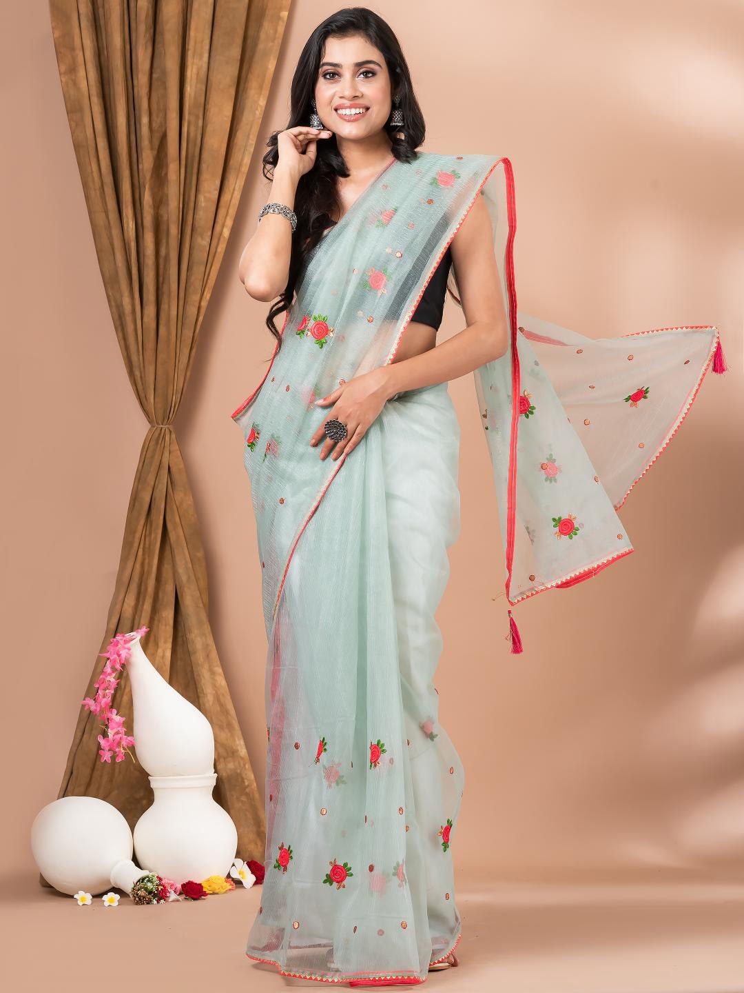 

MAHALASA Green and Pink Floral Embroidered Organza Saree