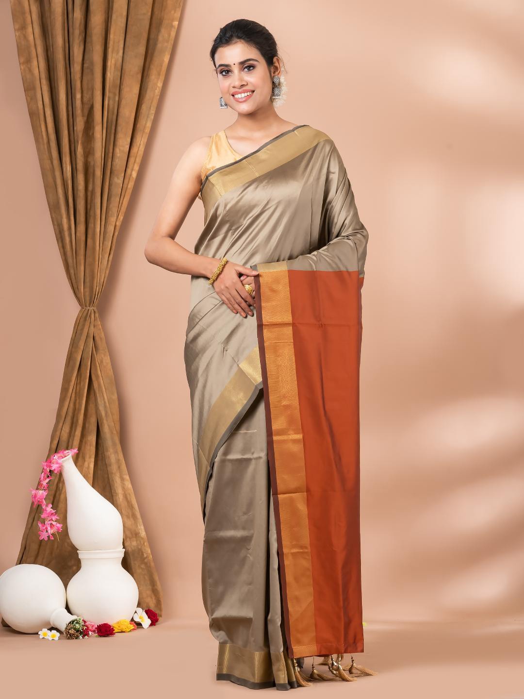 

MAHALASA Zari Silk Cotton Saree, Brown