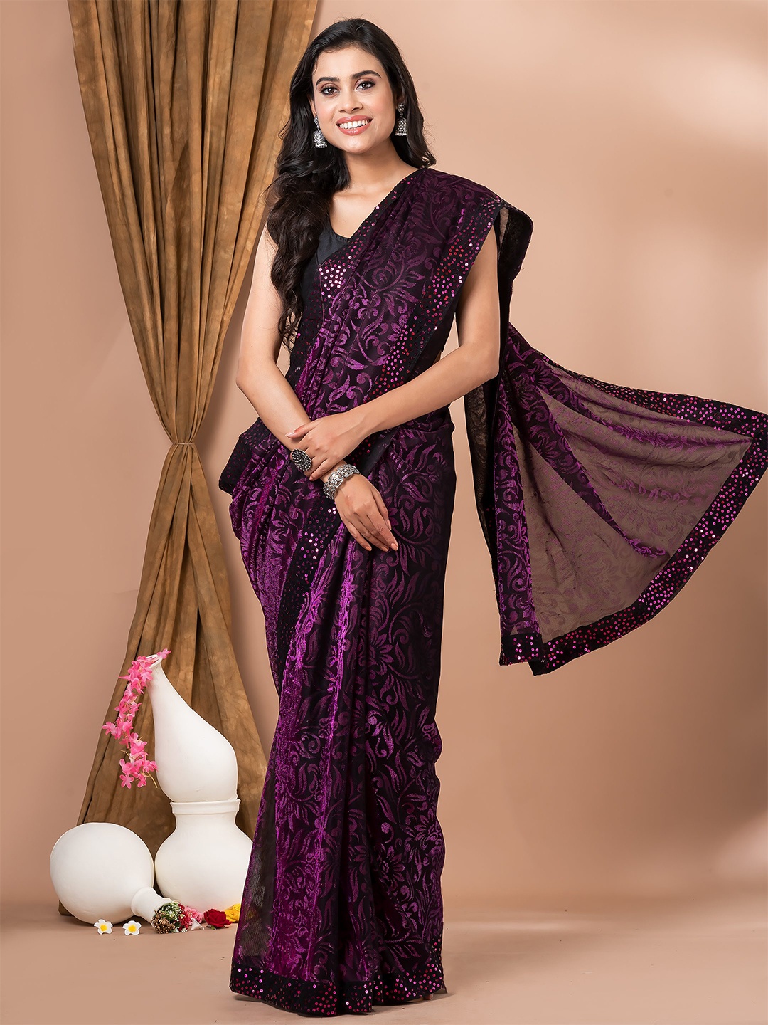 MAHALASA Purple Floral Ethnic Woven Design Art Silk Saree