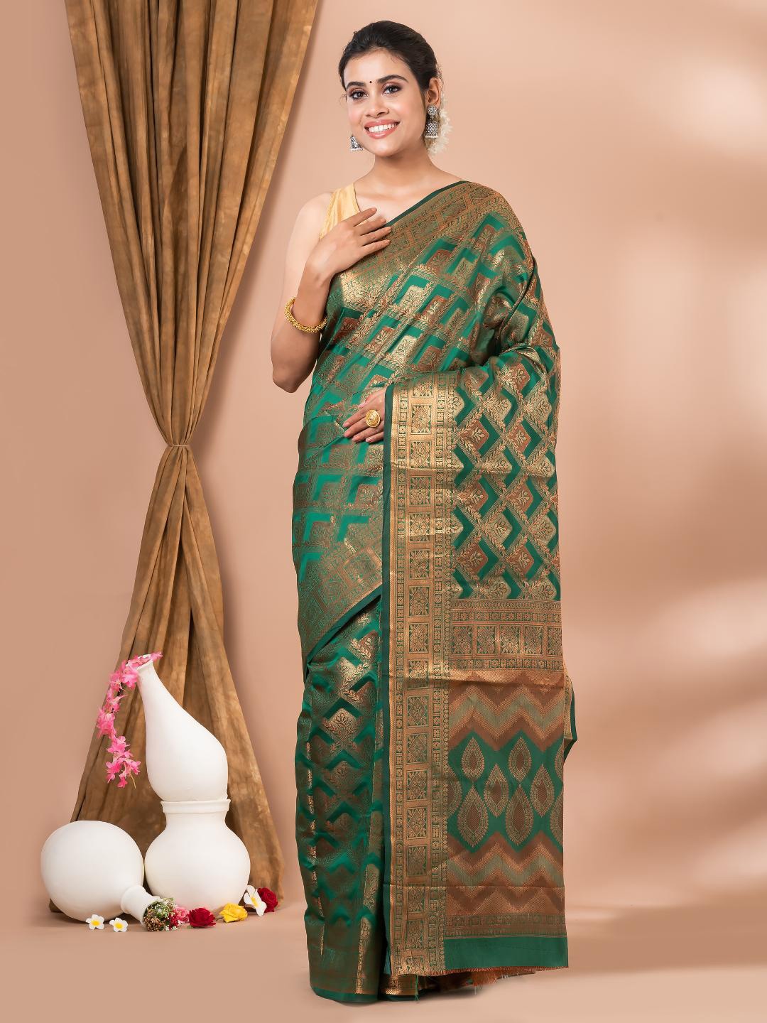 

MAHALASA Floral Woven Design Zari Silk Cotton Saree, Green