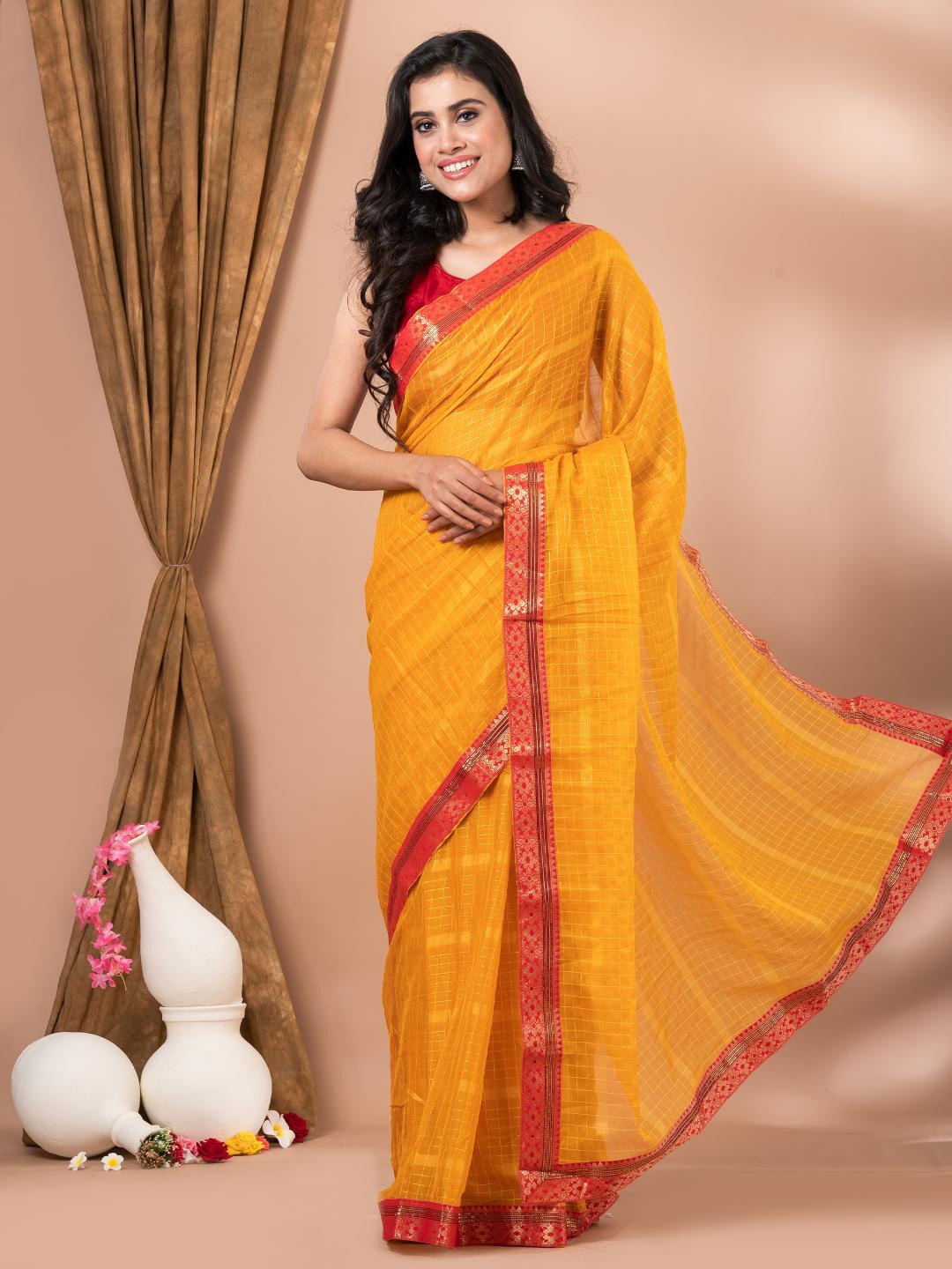 

MAHALASA Yellow and Red Cotton Checked Embellished Saree