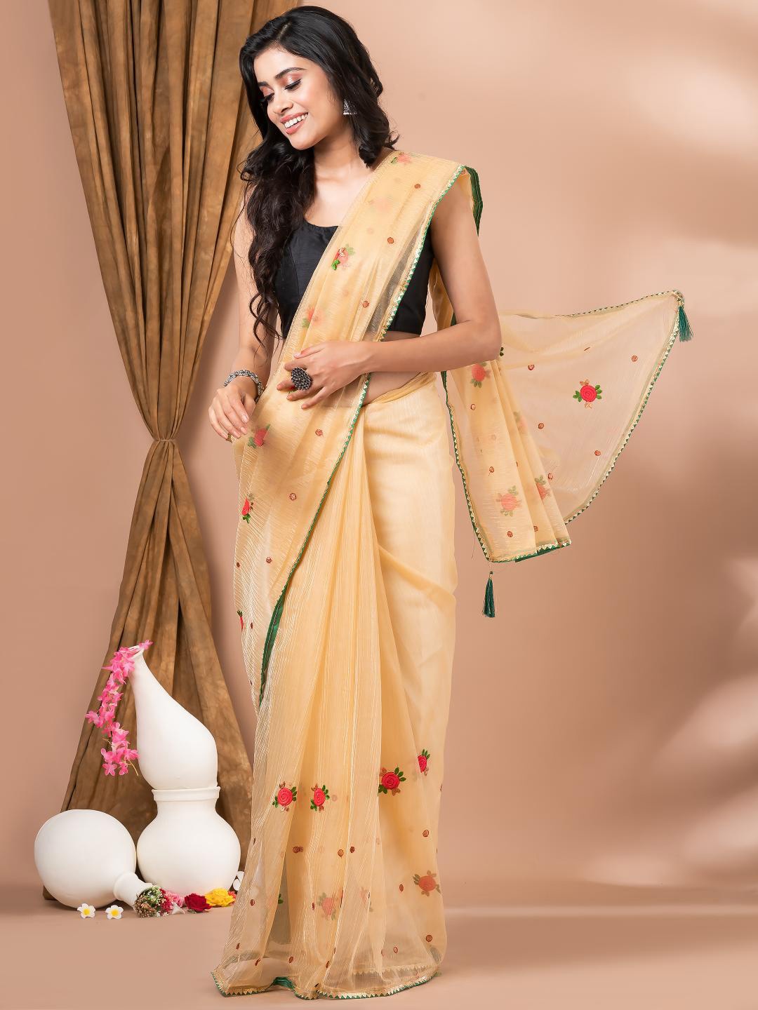 

MAHALASA Floral Embroidered Organza Saree, Beige