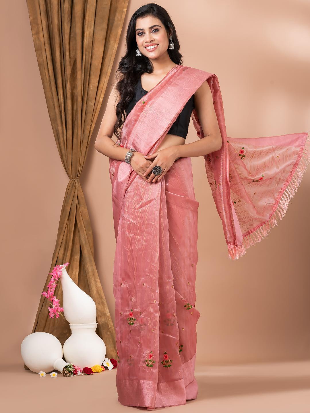 

MAHALASA Peach and Green Floral Embroidered Silk Saree