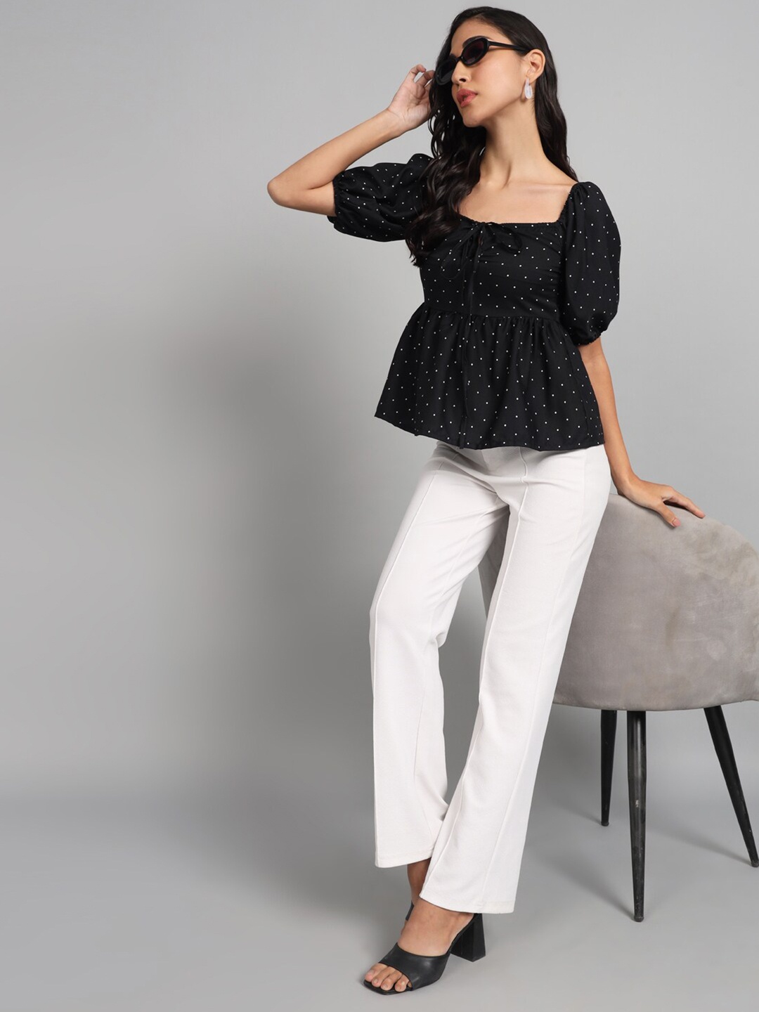 

The Dry State Polka Dot Print Halter Neck Puff Sleeve Peplum Top, Black