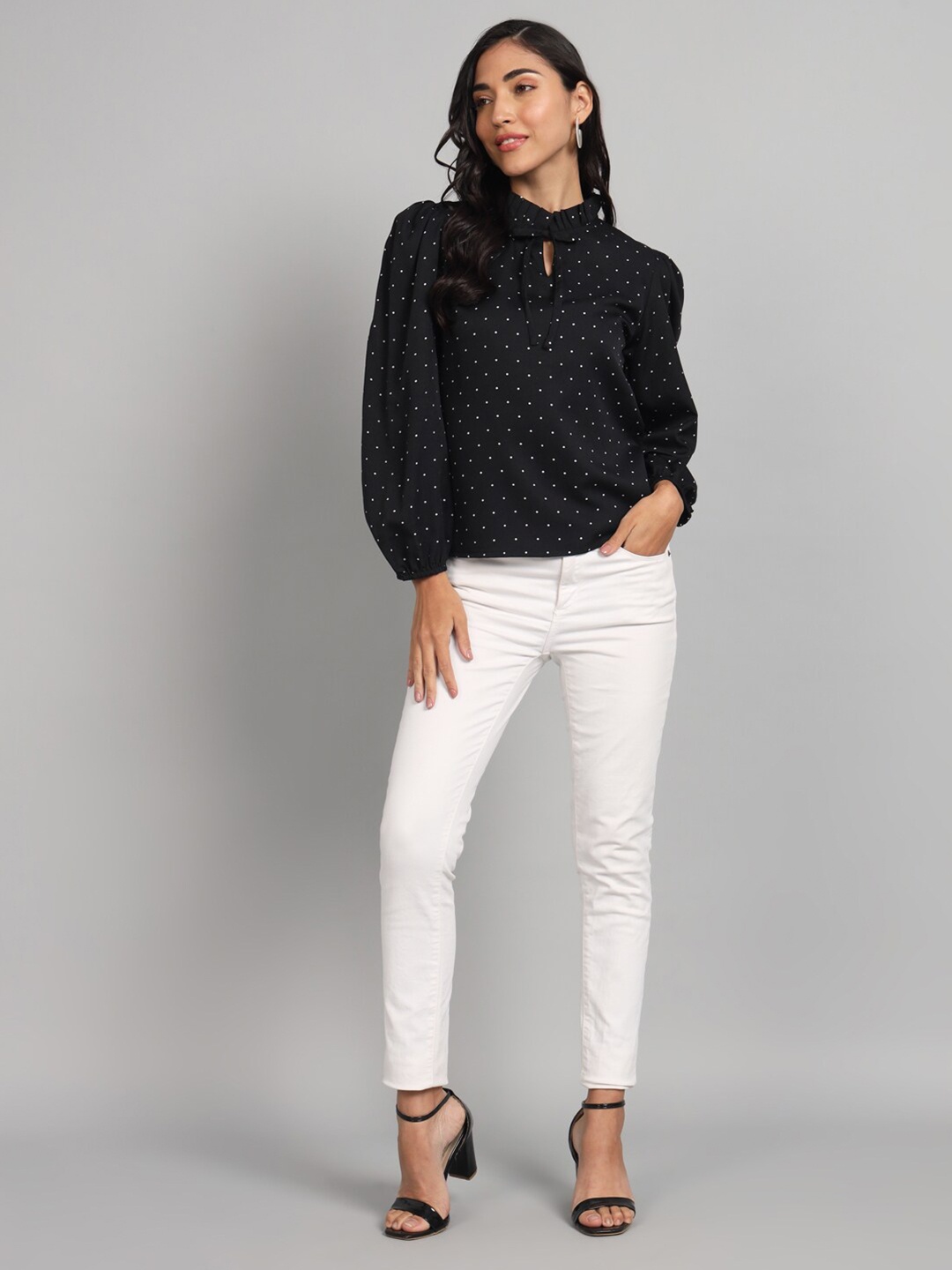 

The Dry State Black Polka Dot Print Pleated Neck Puff Sleeve Top