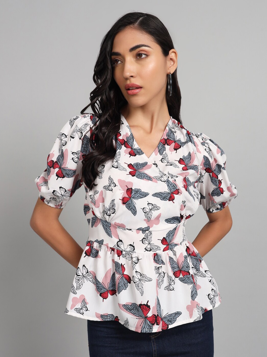 

The Dry State Conversational Print Puff Sleeve Peplum Top, White