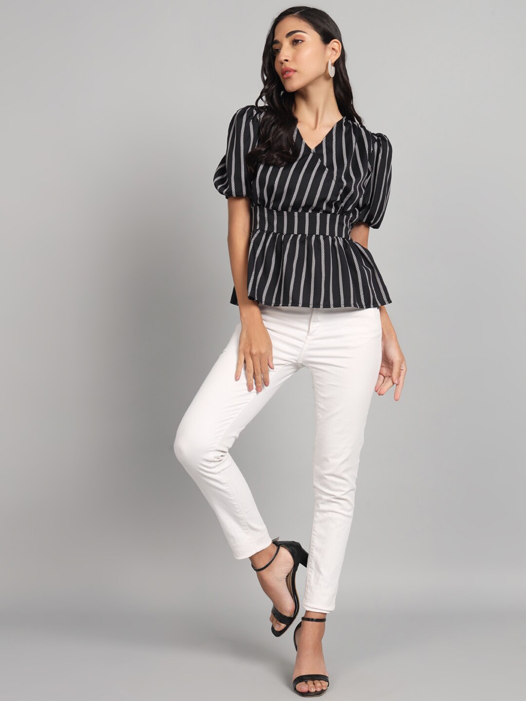 

The Dry State Striped Puff Sleeve Peplum Top, Black