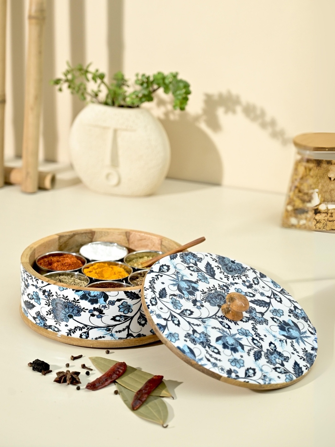 

BRICK BROWN White & Blue Floral Printed Wooden Spice Box