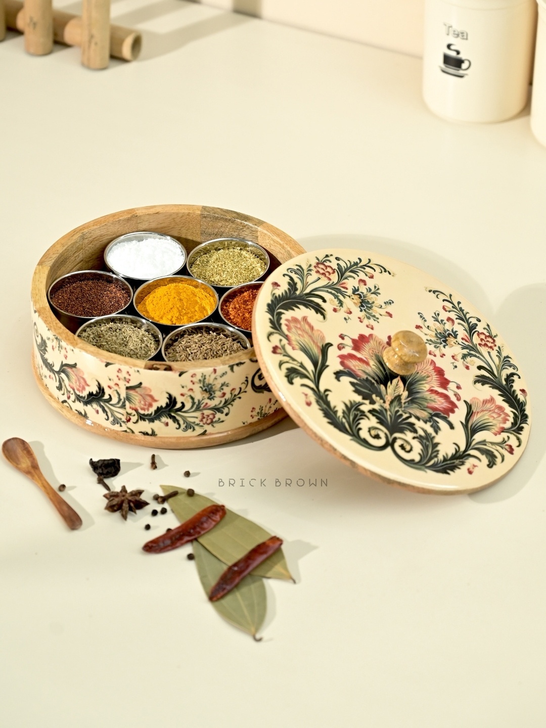 

BRICK BROWN Beige & Red Wooden Spice Box