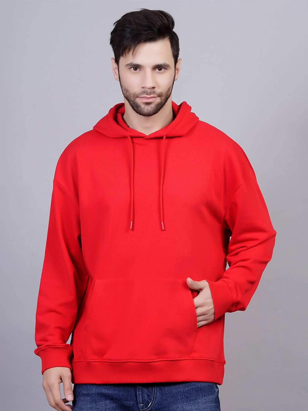 

PRONK Drop Shoulder Sleeves Hooded Terry Cotton Pullover, Red