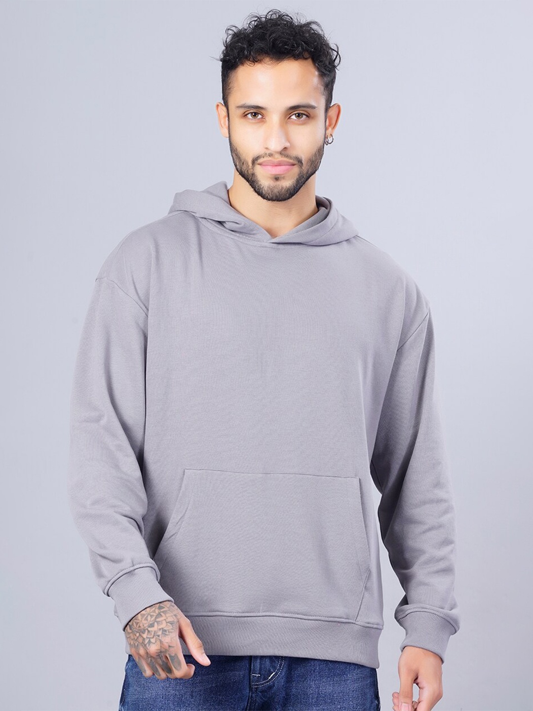 

PRONK Drop Shoulder Sleeves Hooded Terry Cotton Pullover, Grey