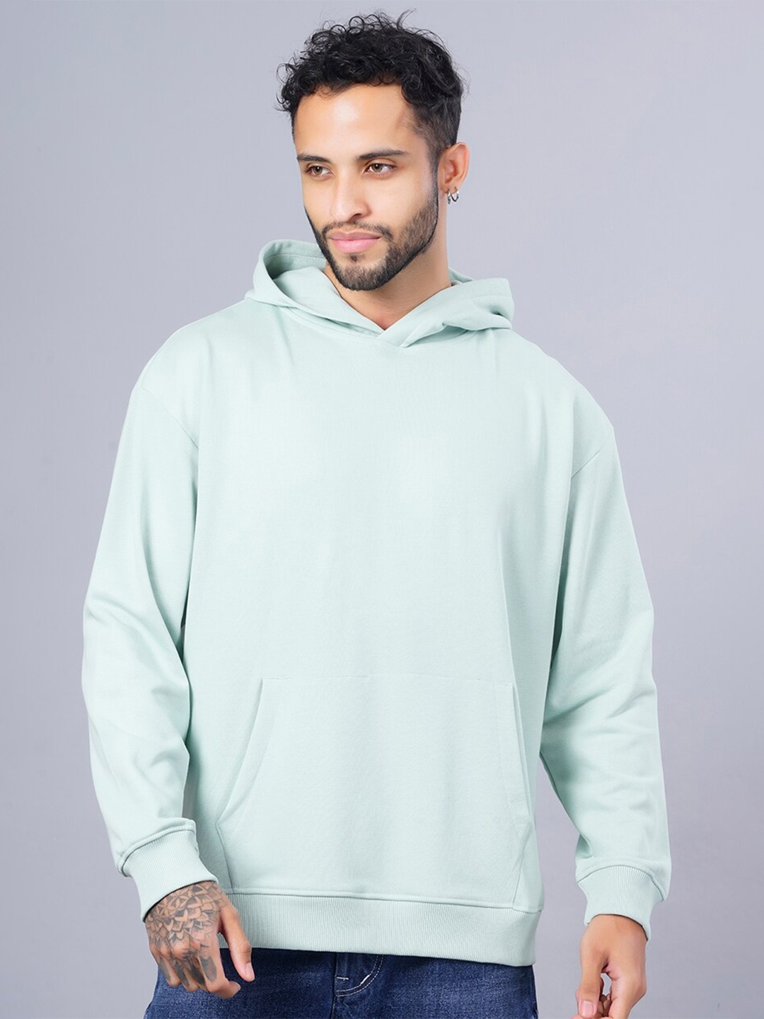 

PRONK Drop Shoulder Sleeves Hooded Terry Cotton Pullover, Green