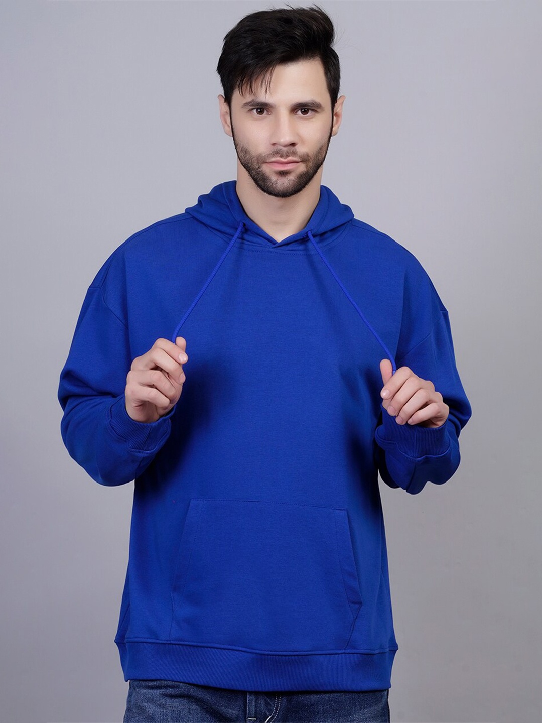 

PRONK Drop Shoulder Sleeves Hooded Terry Cotton Pullover, Blue