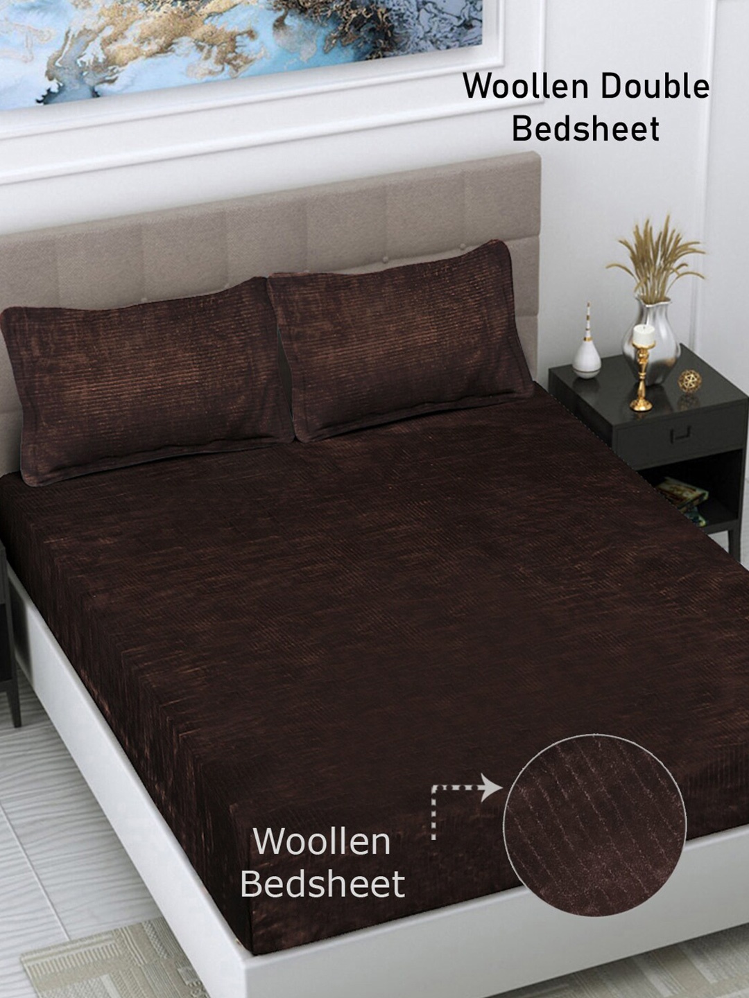 

FABINALIV Coffee Brown Striped Woollen 300 TC Embossed King Double Bedsheet With 2 Pillow Covers