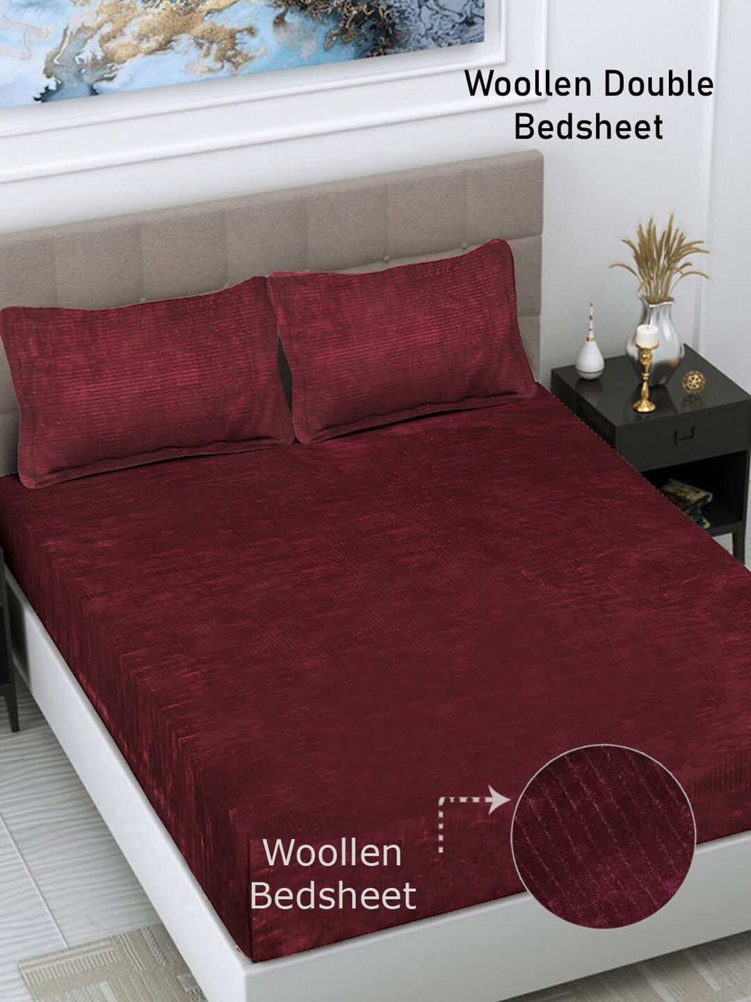 

FABINALIV Maroon Striped 300 TC Woollen King Size Bedsheet with 2 Pillow Covers