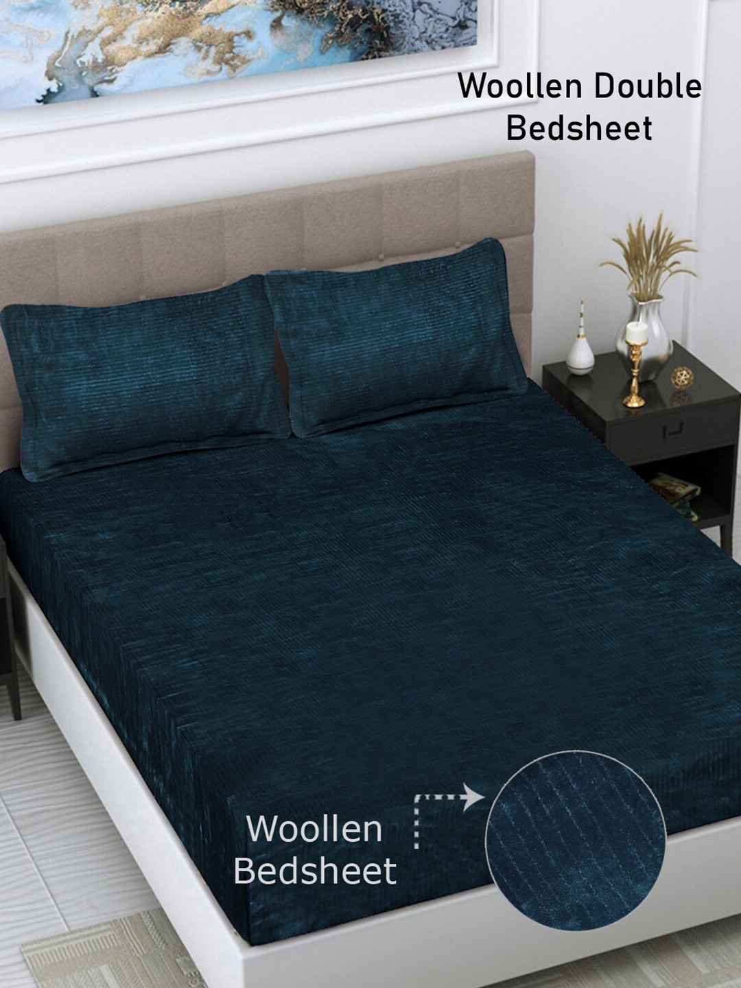 

FABINALIV Blue Striped 300 TC Woollen King Size Bedsheet with 2 Pillow Covers, Turquoise blue