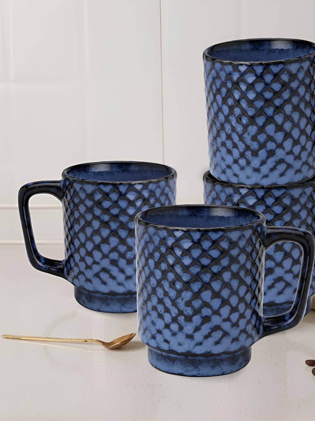 

BODHI HOUSE Blue 4 Pieces Textured Glossy Microwave Safe Mugs 275 ml