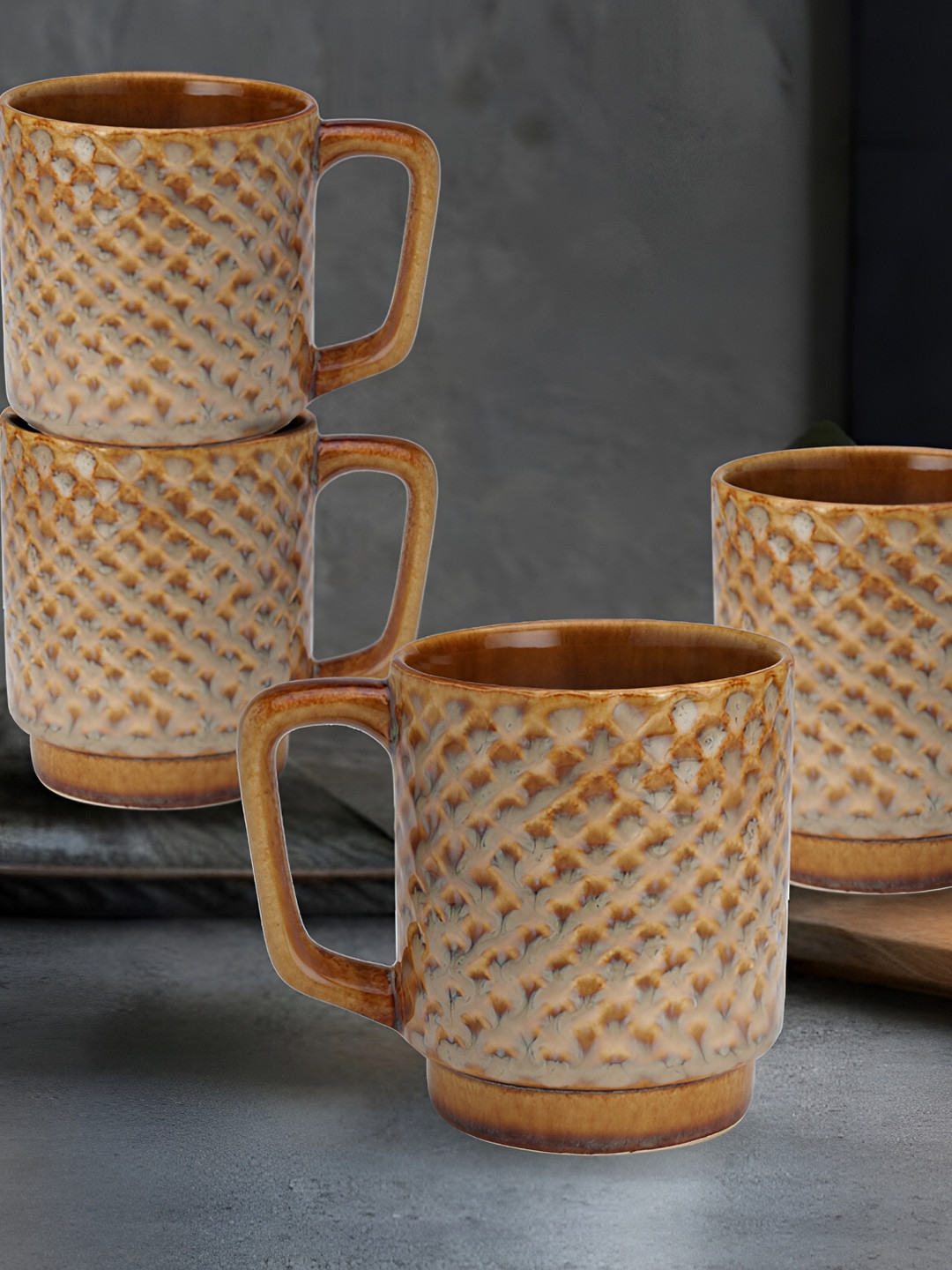 

BODHI HOUSE Brown 4 Pieces Textured Glossy Microwave Safe Mugs 275 ml