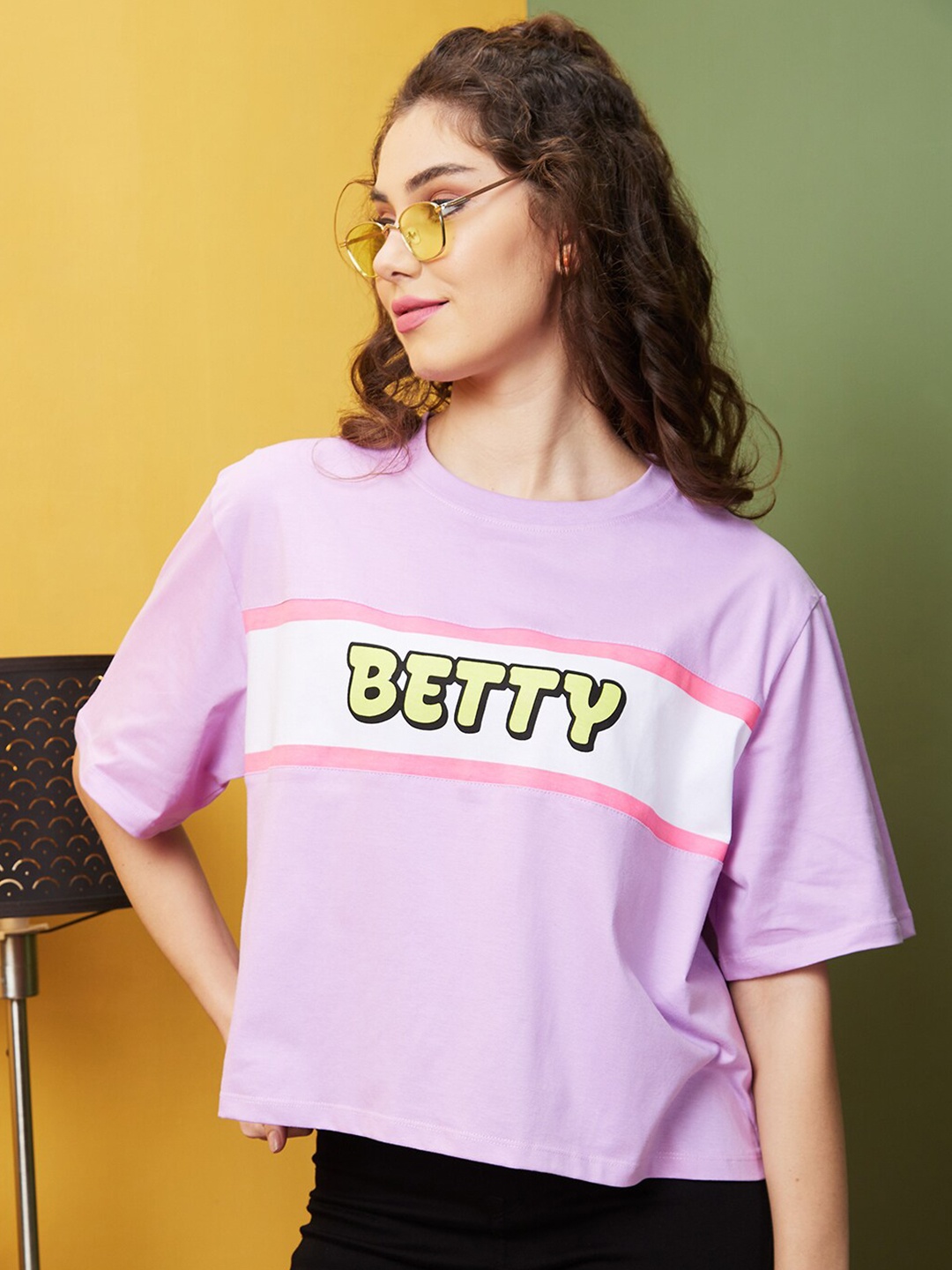 

Globus Lavender & Yellow Typography Printed Boxy Pure Cotton T-shirt