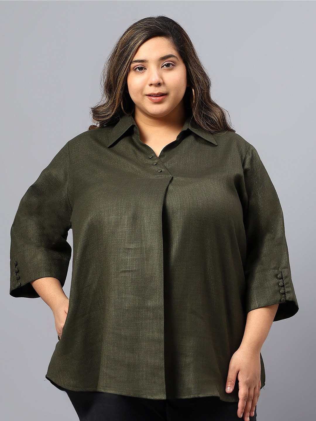 

Indietoga Women Plus Size Solid Opaque Longline Casual Shirt-Style Top, Green
