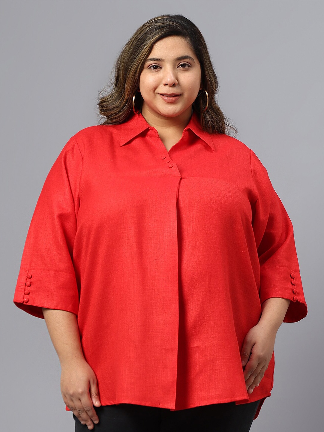 

Indietoga Plus Sizes Cotton Longline Opaque Casual Shirt Style Top, Red