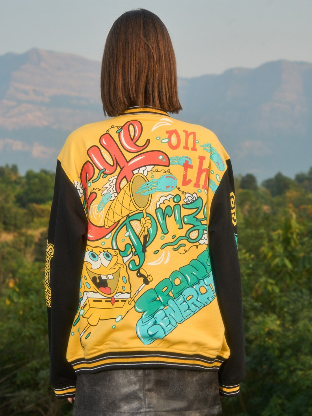 

Bonkers Corner Sponge Bob Printed Stand Collar Cotton Oversized Open Front Jacket, Yellow