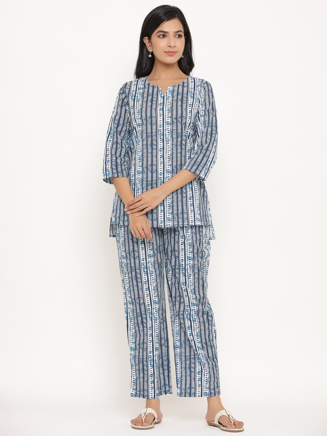 

mirari Abstract Printed Pure Cotton Top With Pyjamas, Blue
