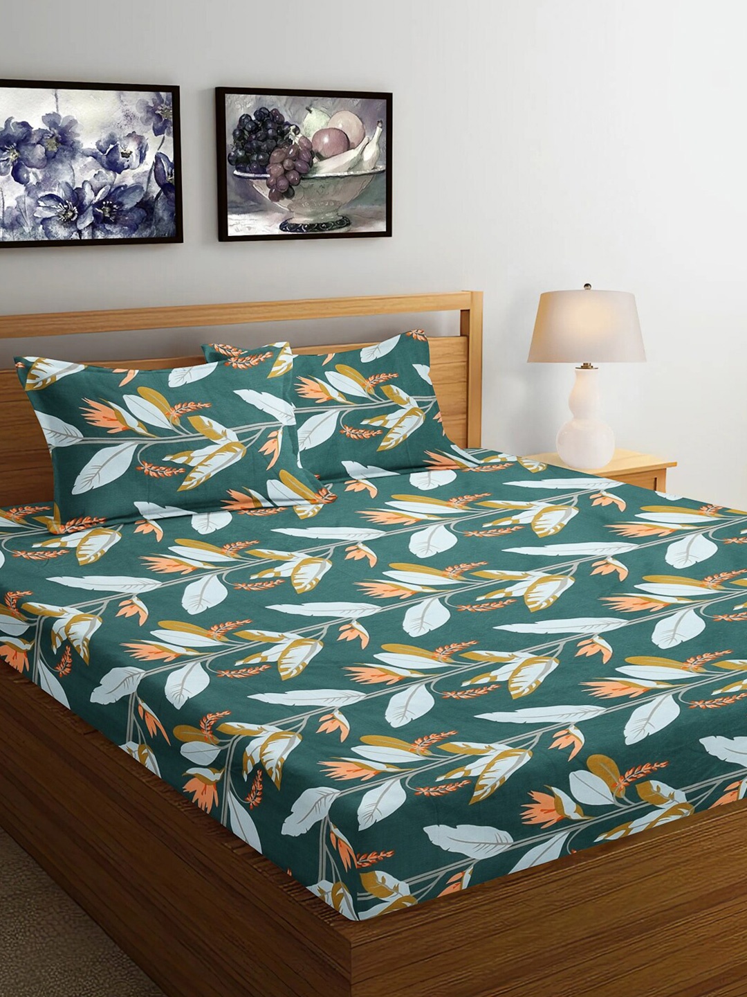 

Arrabi Green & Yellow Floral 300 TC King Bedsheet with 2 Pillow Covers 130 GSM