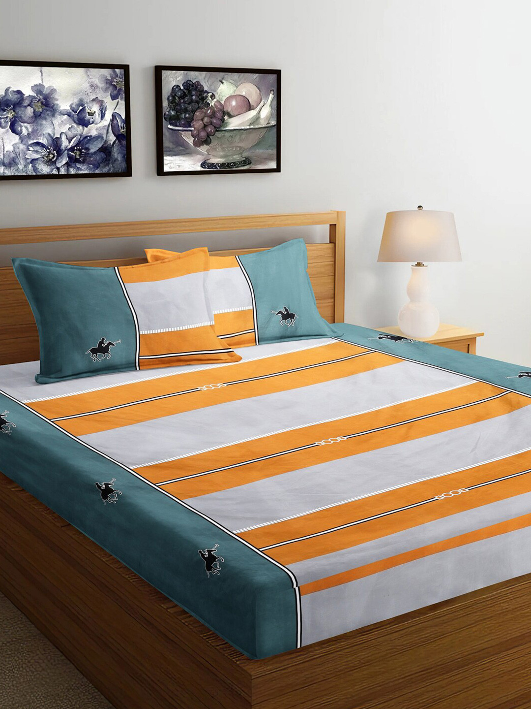 

Arrabi Grey & Orange Coloured Striped 300 TC King Bedsheet with 2 Pillow Covers