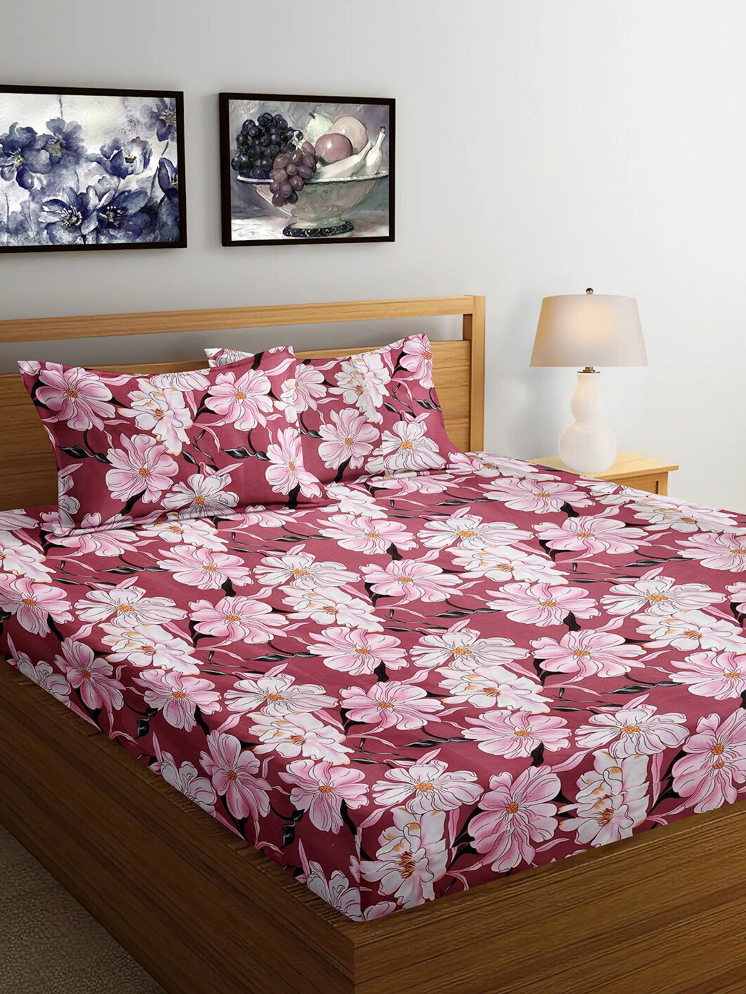 

Arrabi Pink & Yellow Floral Printed 300 TC King Bedsheet with 2 Pillow Covers