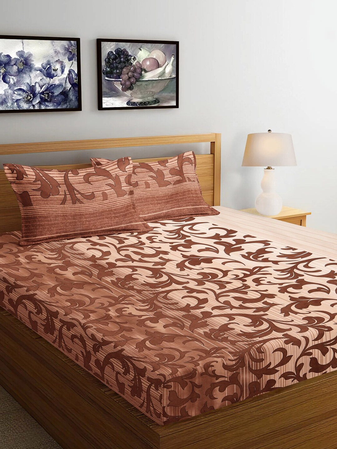

Arrabi Brown & Brown Floral 300 TC King Bedsheet with 2 Pillow Covers 130 GSM