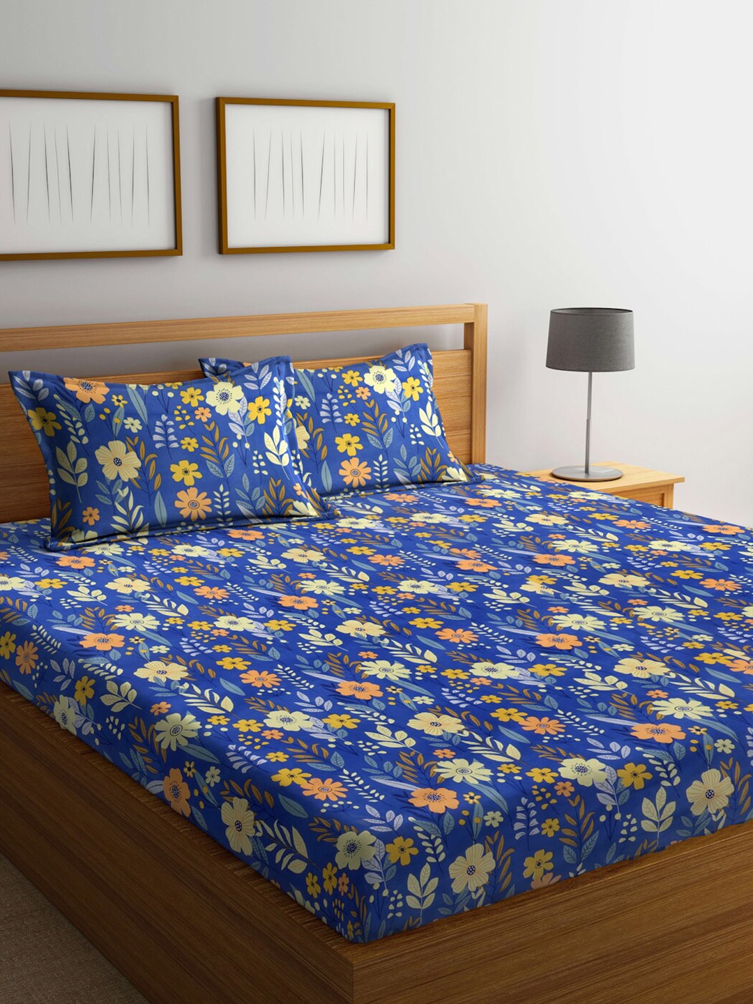 

Arrabi Blue & Yellow Floral Printed 300 TC King Bedsheet with 2 Pillow Covers