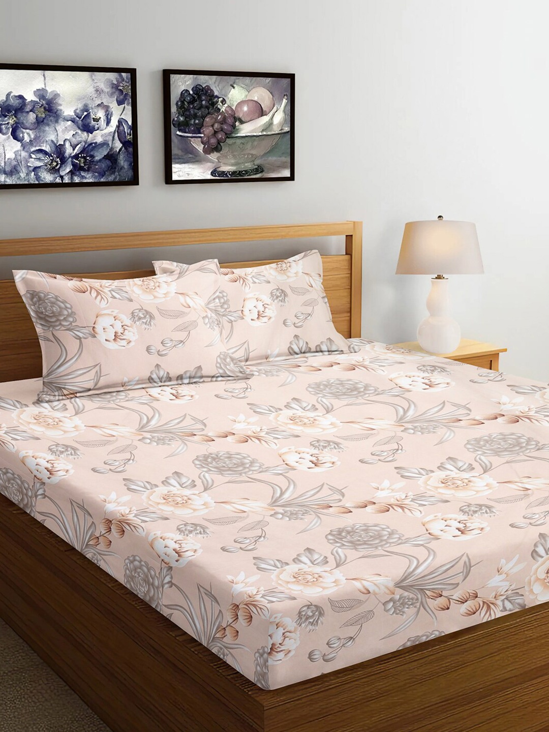 

Arrabi Beige & Grey Floral 300 TC King Bedsheet with 2 Pillow Covers 130 GSM