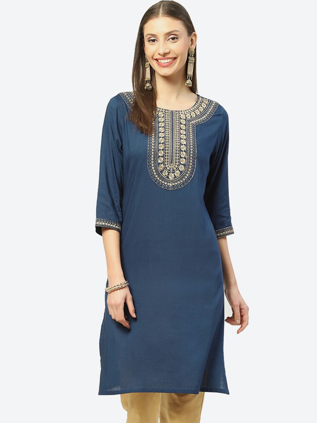 

2Bme Yoke Design Thread Work Kurta, Navy blue