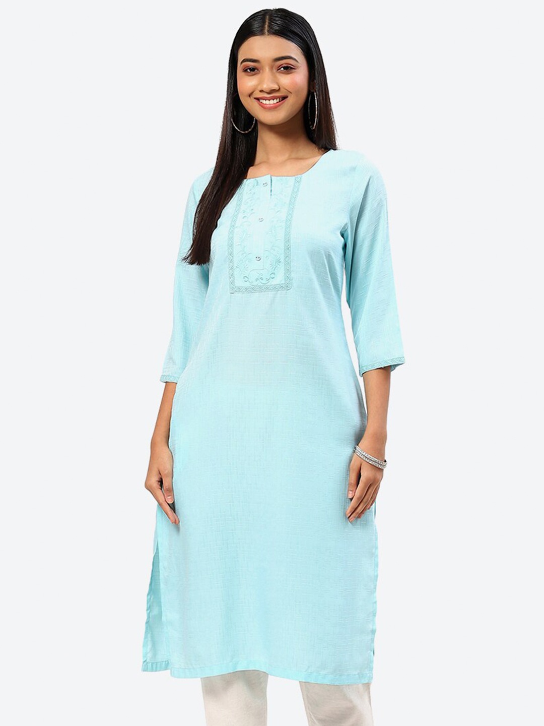 

2Bme Yoke Design Thread Work Straight Kurta, Blue