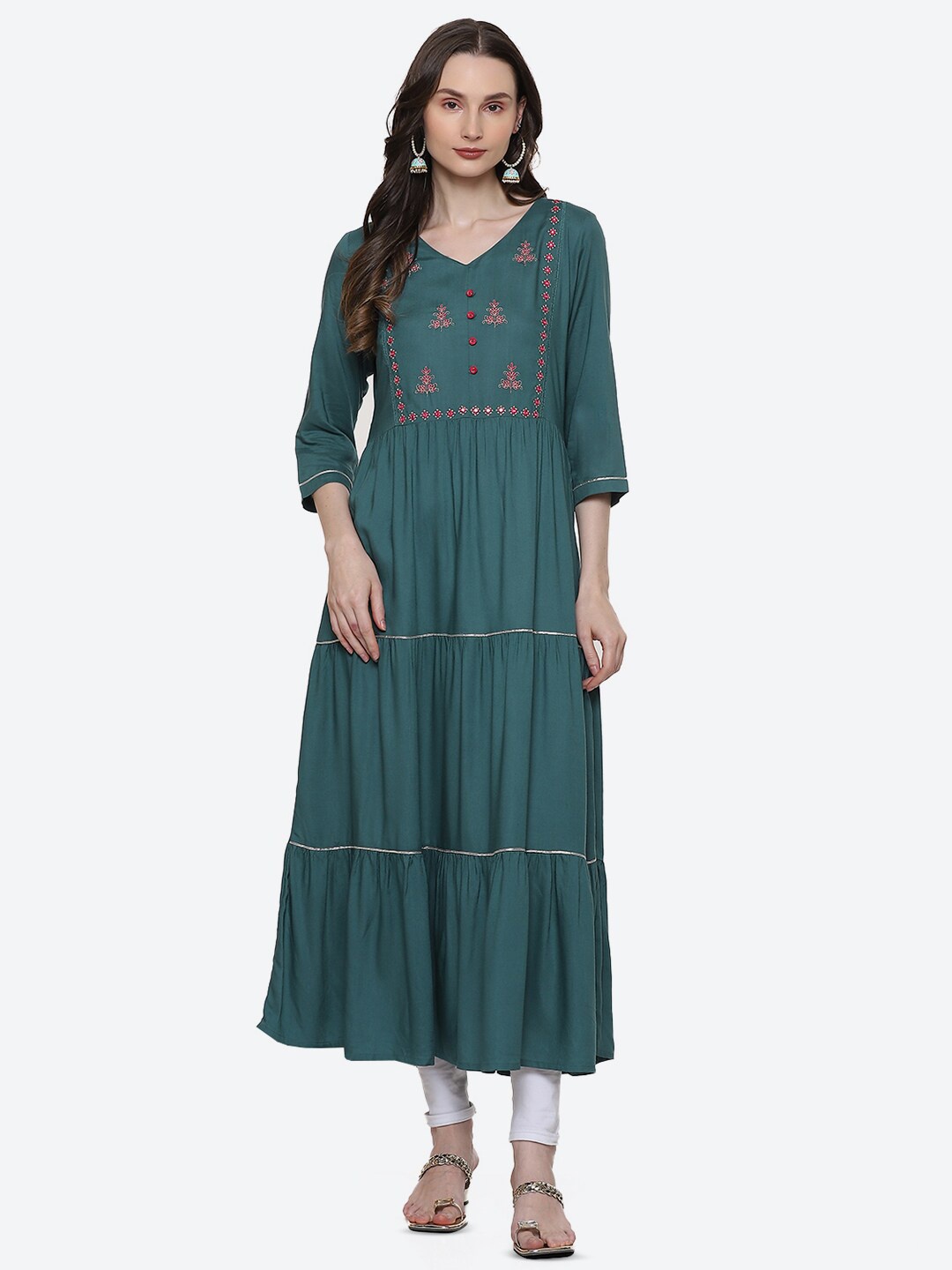 

2Bme Ethnic Motifs Printed Embroidered Anarkali Kurta, Green