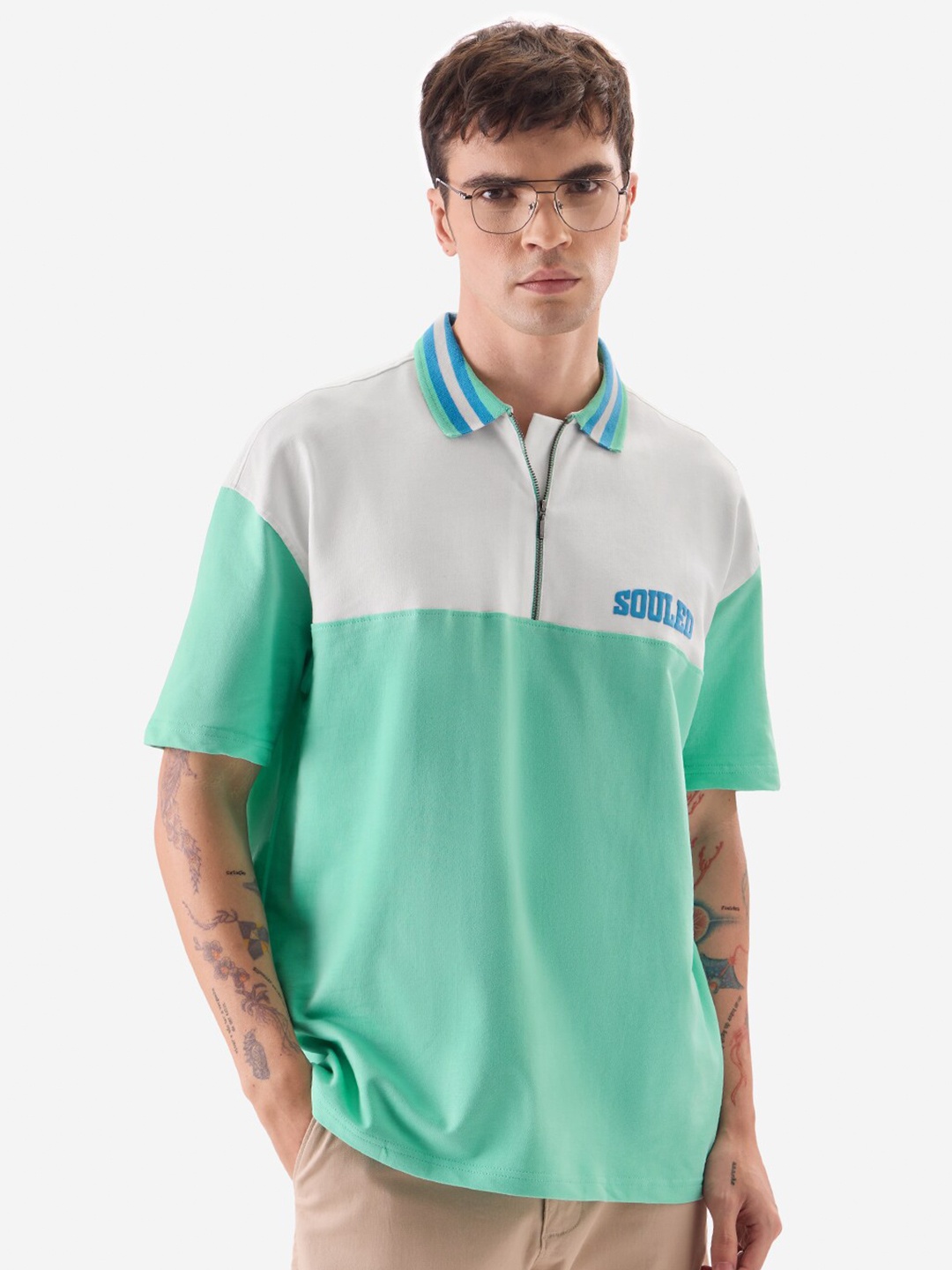 

The Souled Store Green & White Colourblocked Polo Collar Pure Cotton Oversized T-shirt